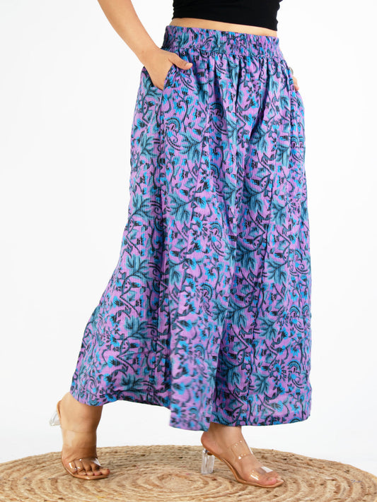 Printed Cotton Flared Palazzo - PurpleKantha