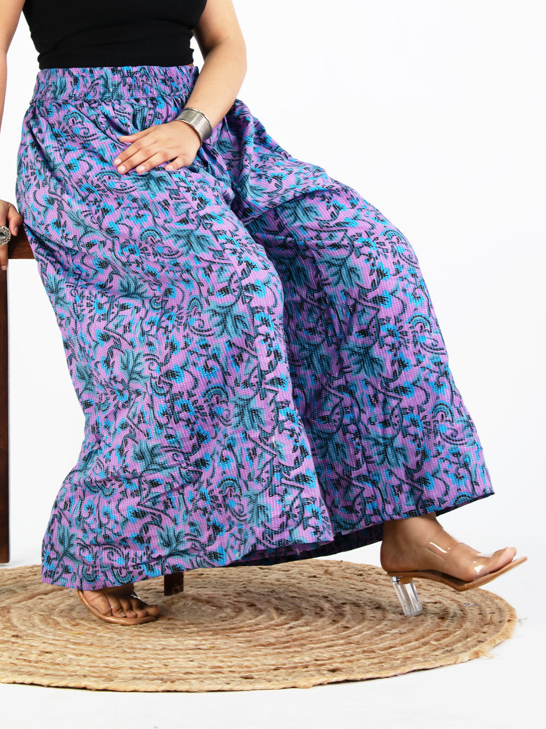 Printed Cotton Flared Palazzo - PurpleKantha