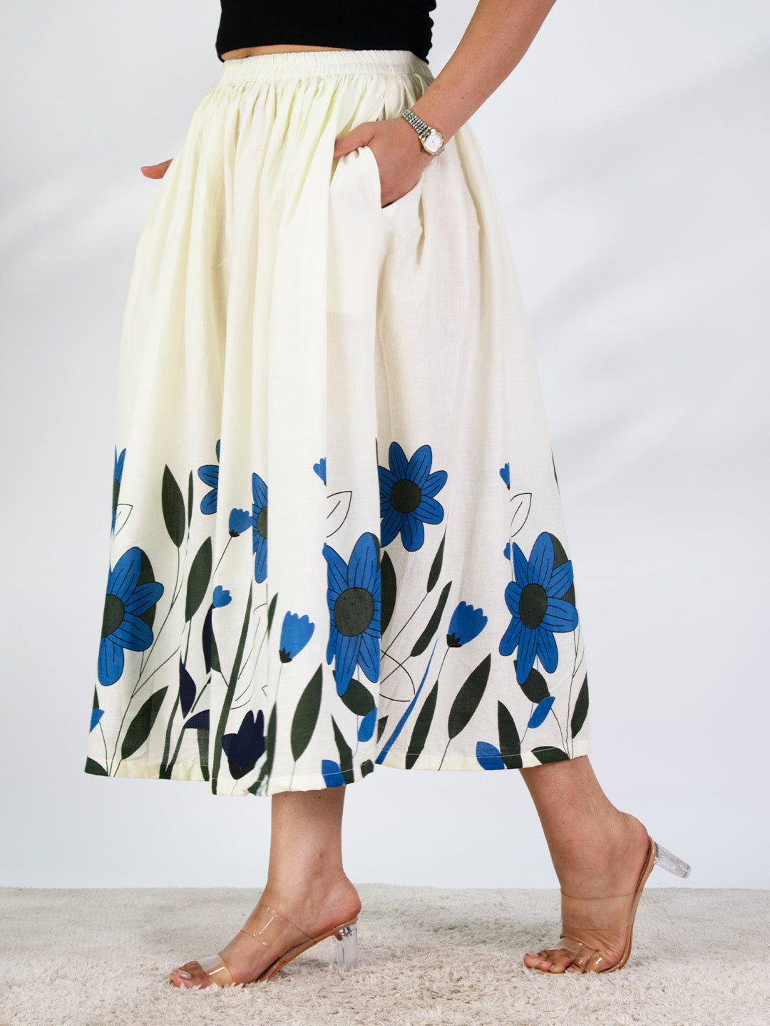 Printed Cotton Gathered Skirt - Azurewood
