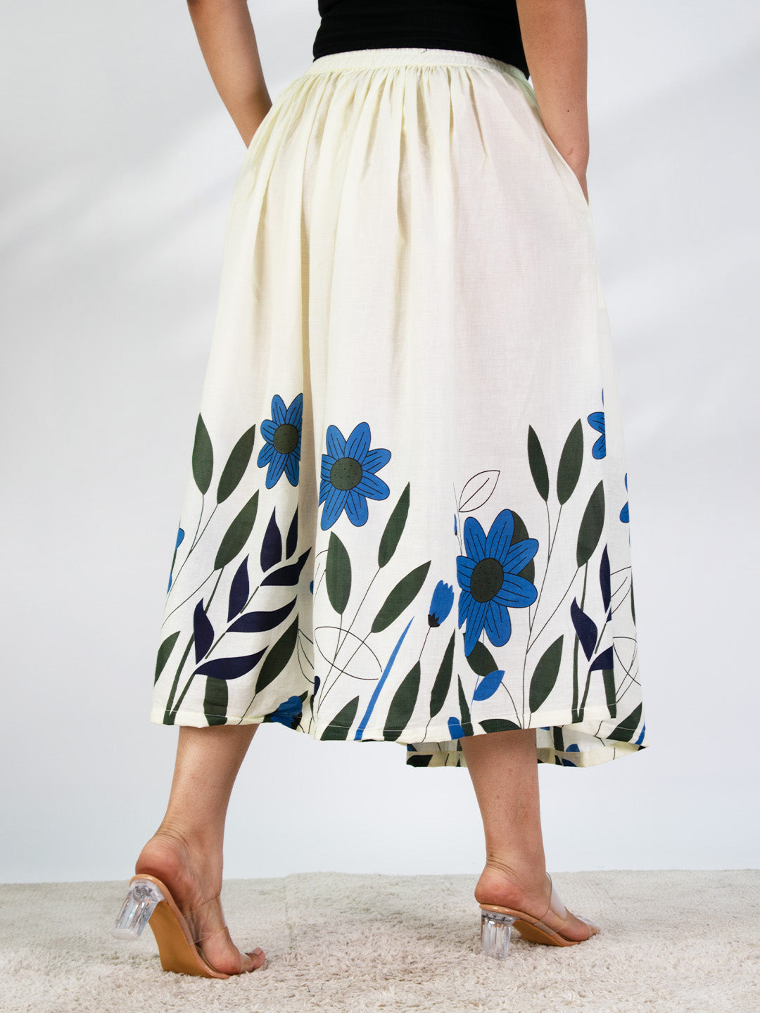 Printed Cotton Gathered Skirt - Azurewood