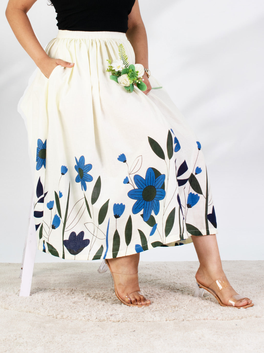 Printed Cotton Gathered Skirt - Azurewood