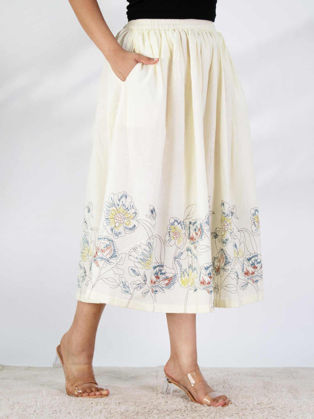 Printed Cotton Gathered Skirt - IvoryMeadow