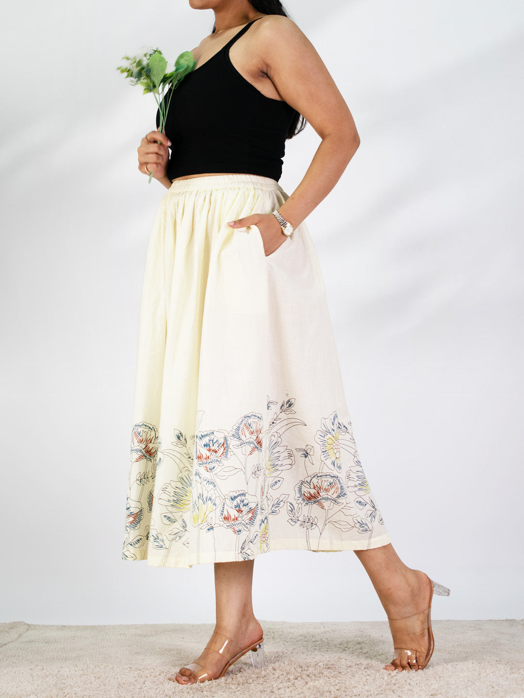 Printed Cotton Gathered Skirt - IvoryMeadow