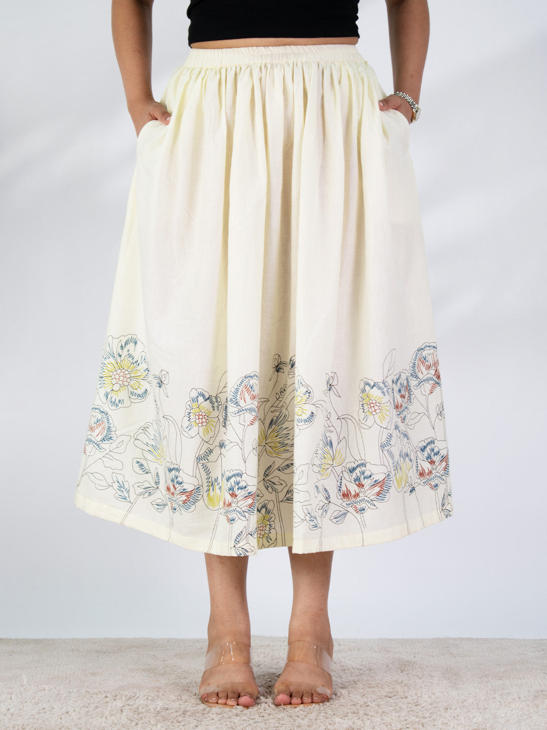 Printed Cotton Gathered Skirt - IvoryMeadow