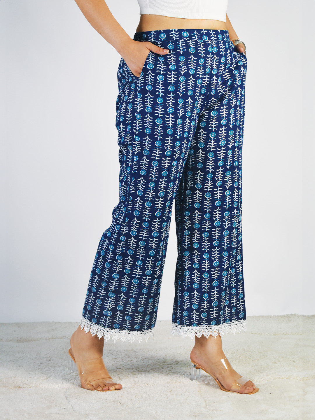Printed Cotton Laced Palazzo Pants - Neelima