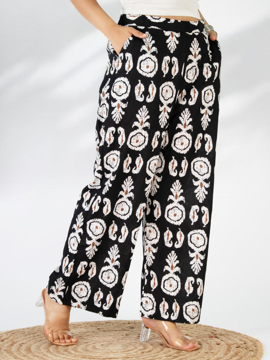 Printed Cotton Palazzo Pants - BlackBoho