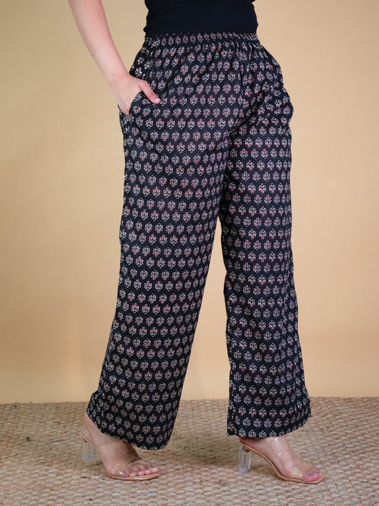 Printed Cotton Palazzo Pants - BlackNoor