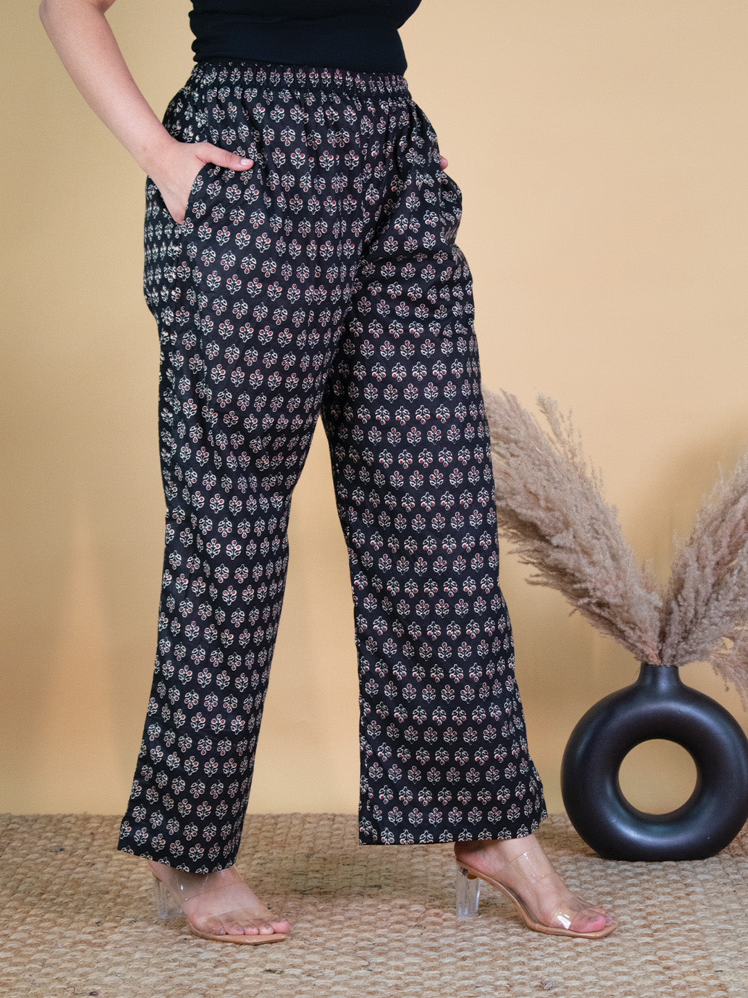 Printed Cotton Palazzo Pants - BlackNoor
