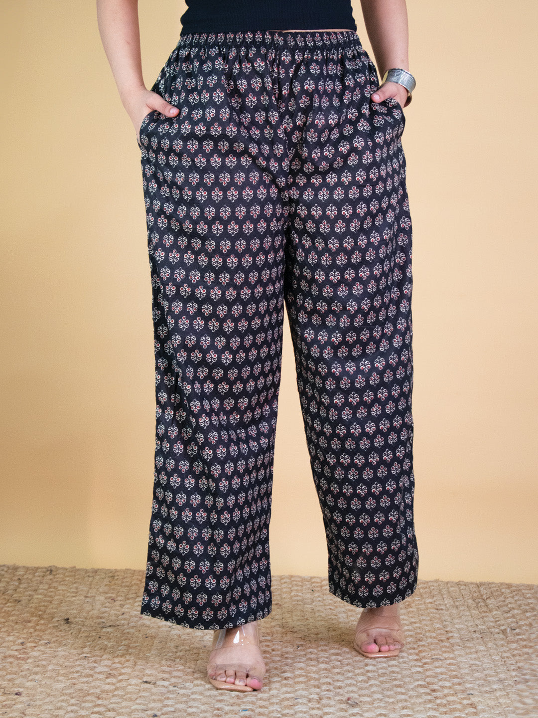 Printed Cotton Palazzo Pants - BlackNoor