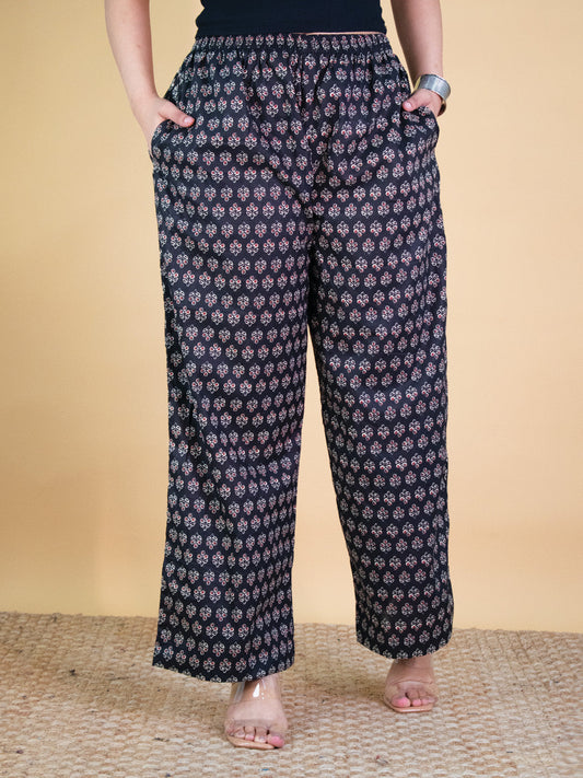 Printed Cotton Palazzo Pants - BlackNoor