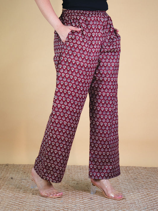 Printed Cotton Palazzo Pants - MaroonButti