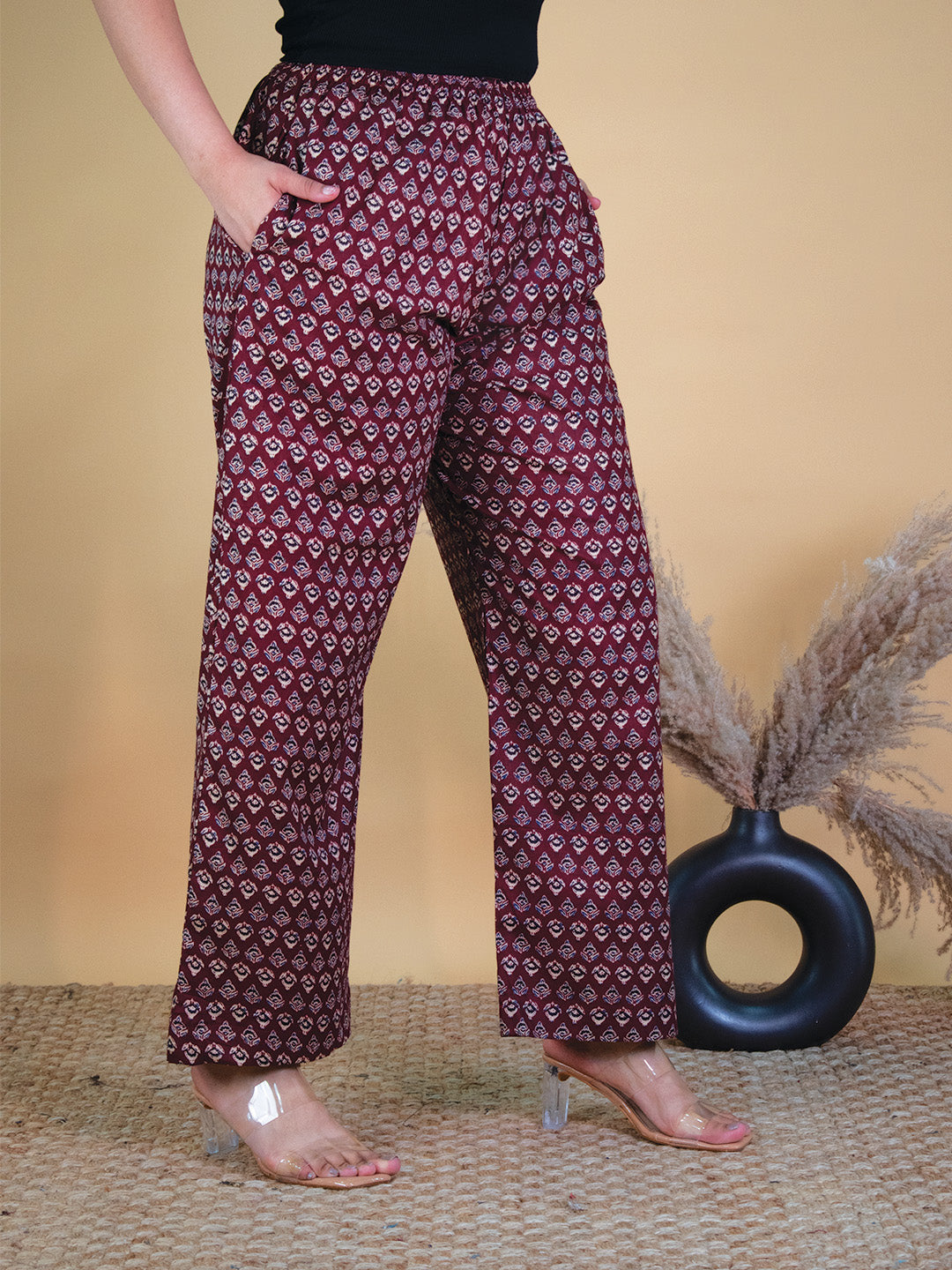 Printed Cotton Palazzo Pants - MaroonButti