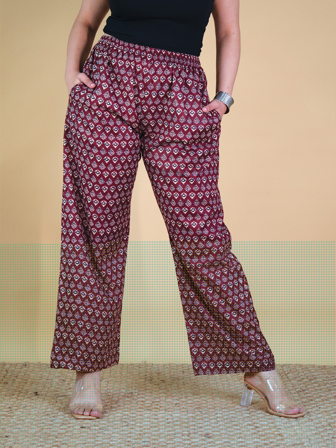 Printed Cotton Palazzo Pants - MaroonButti