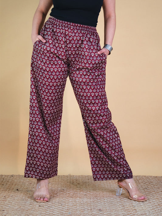 Printed Cotton Palazzo Pants - MaroonButti