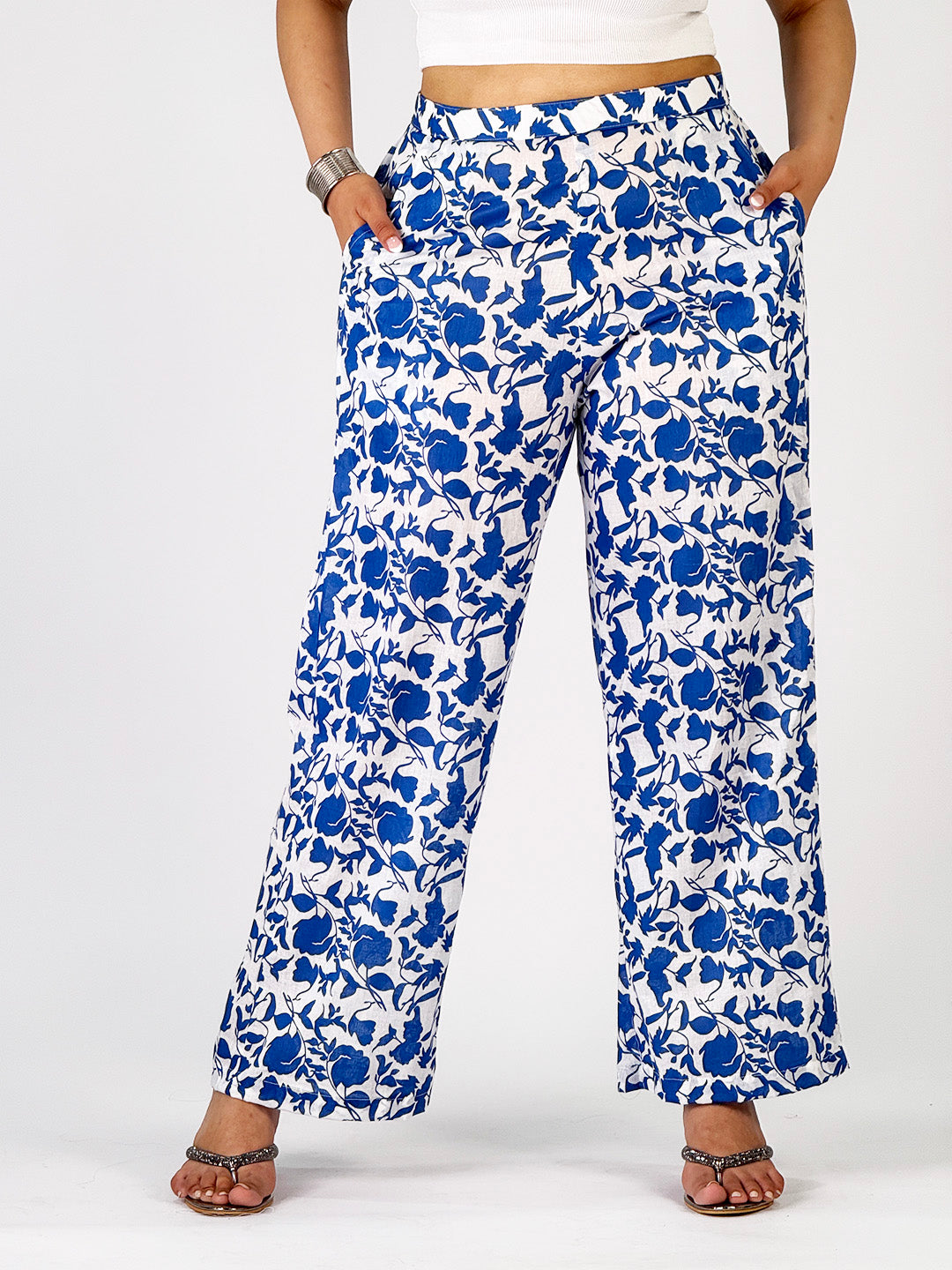Printed CottonSlub Palazzo Pants - MidnightBloom