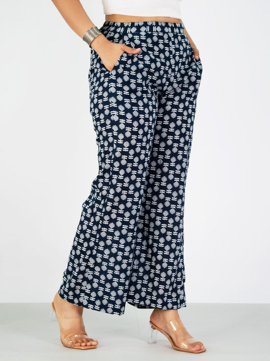 Printed Cotton Palazzos Pants - NavyBloom