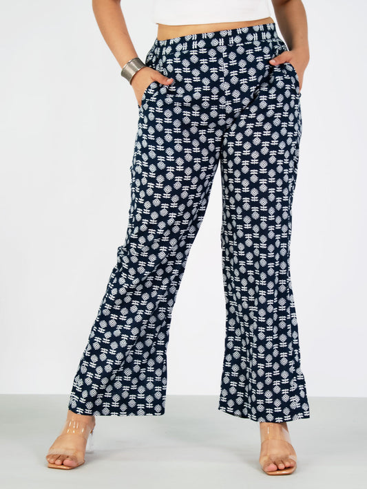 Printed Cotton Palazzos Pants - NavyBloom
