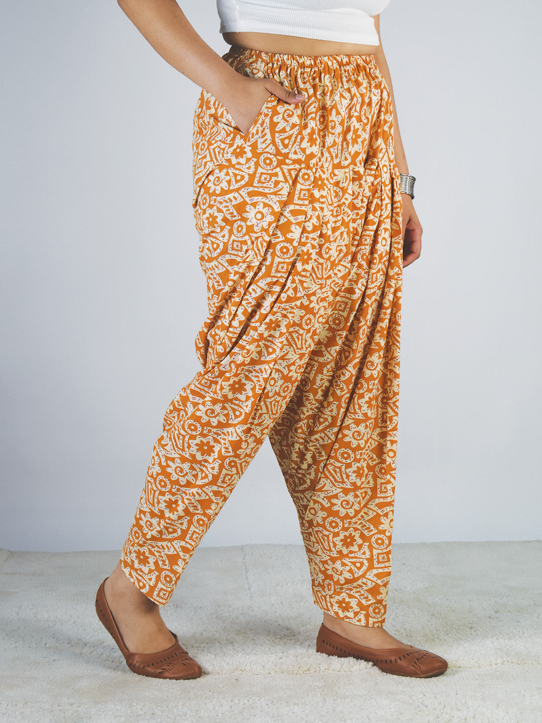 Printed Cotton Salwar - MustardAzure