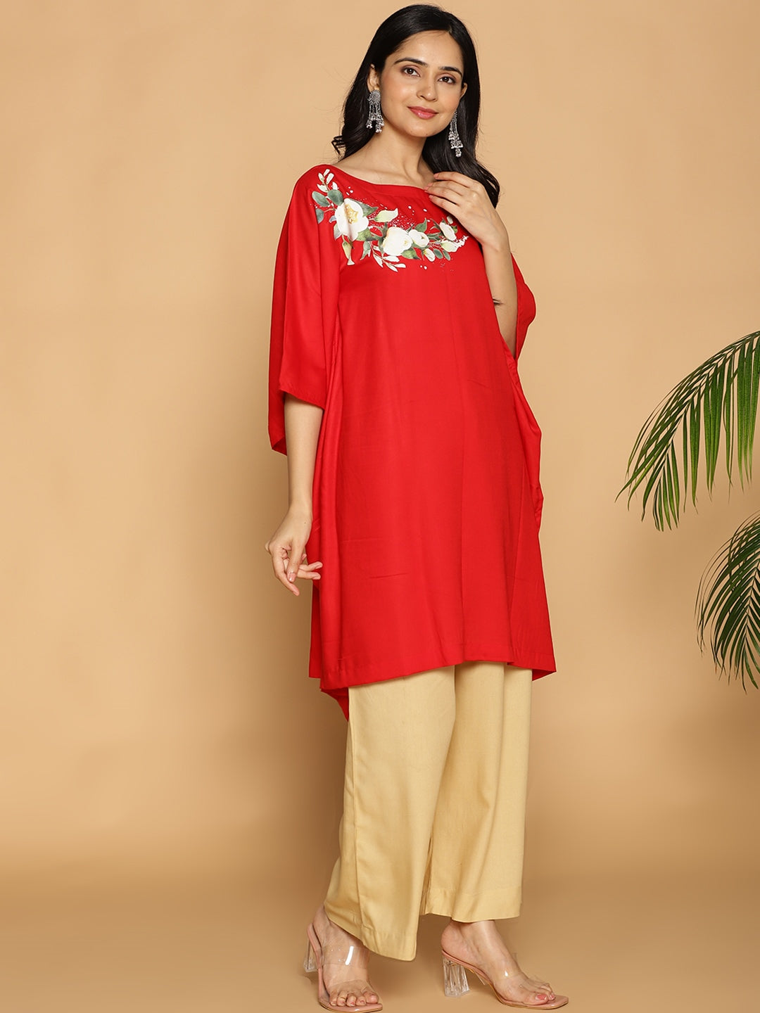Red Rayon Kaftan - White Flowers