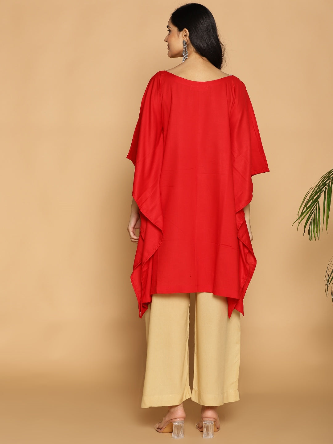 Red Rayon Kaftan - White Flowers