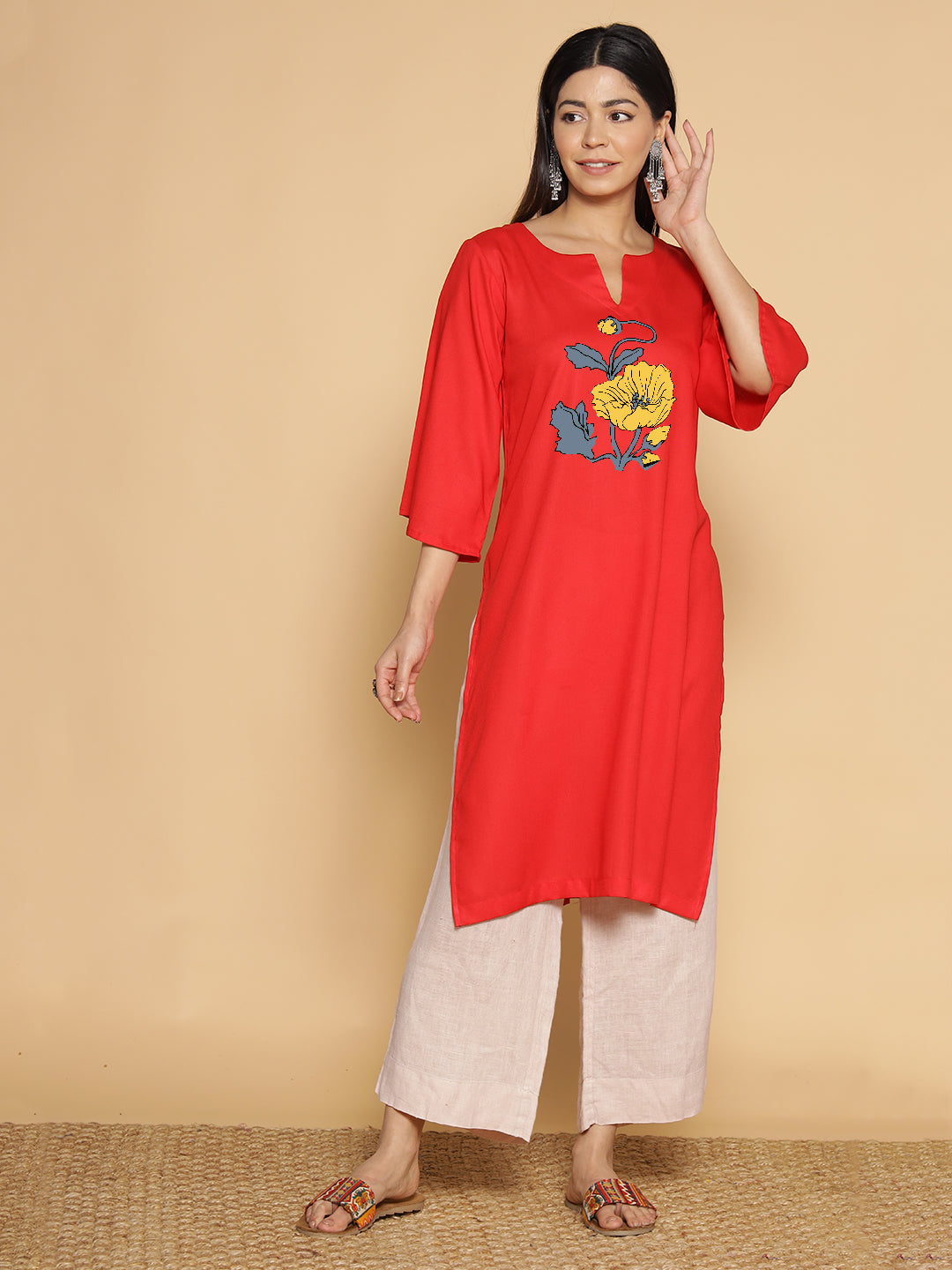 Red Rayon LongKurta - Akshata