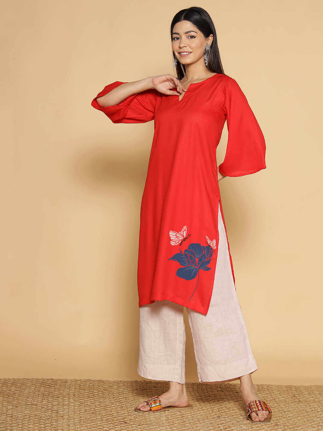 Red Rayon LongKurta - Anupama