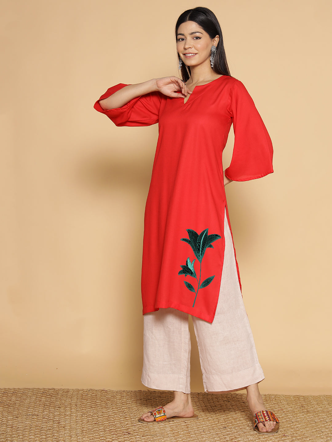 Red Rayon LongKurta - Rachita