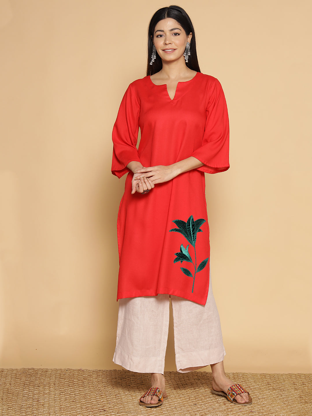 Red Rayon LongKurta - Rachita