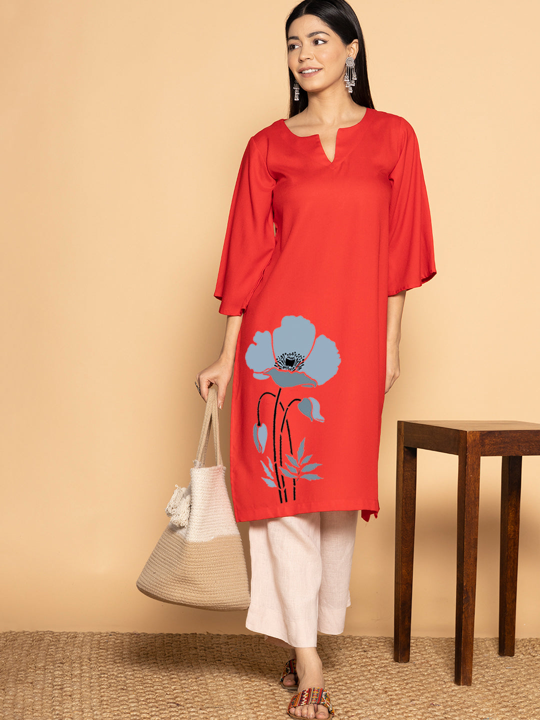 Red Rayon LongKurta - Shobhita