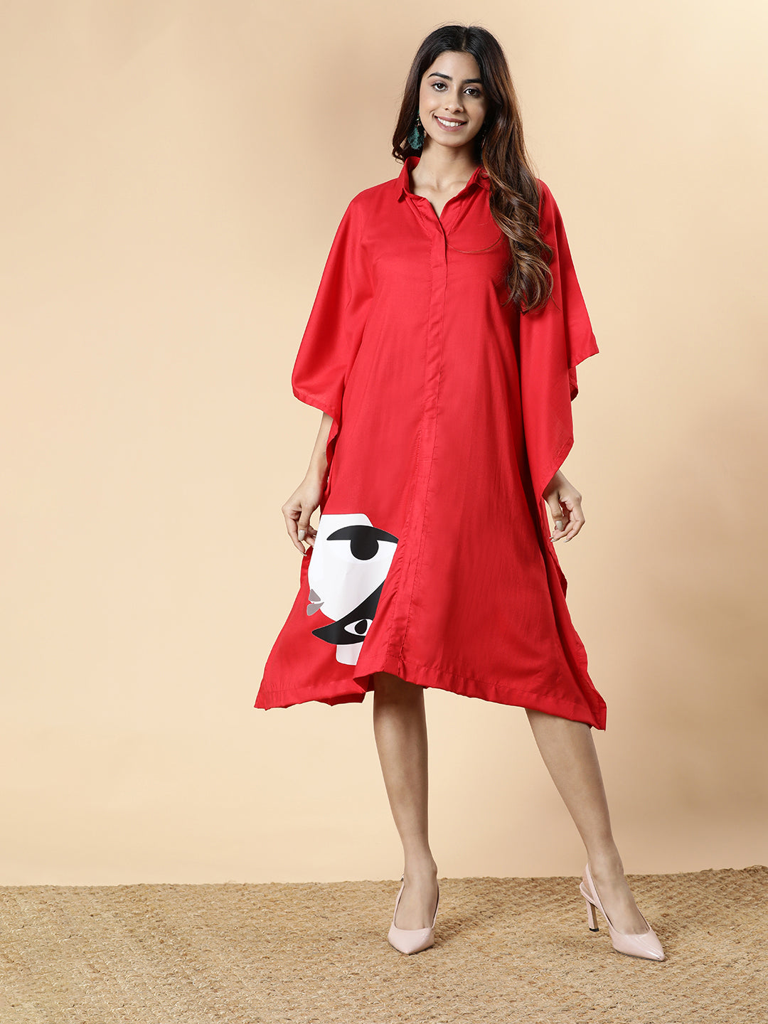 Red Rayon Shirt-Kaftan - Abstract