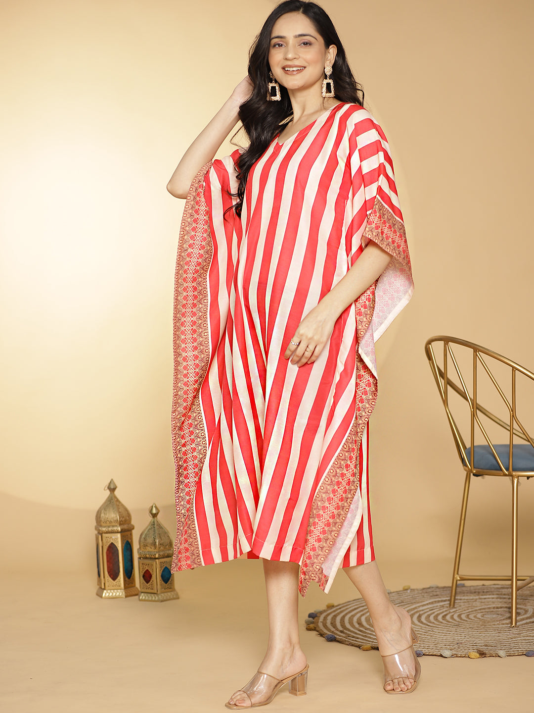 RedStripes Muslin Printed LongKaftan