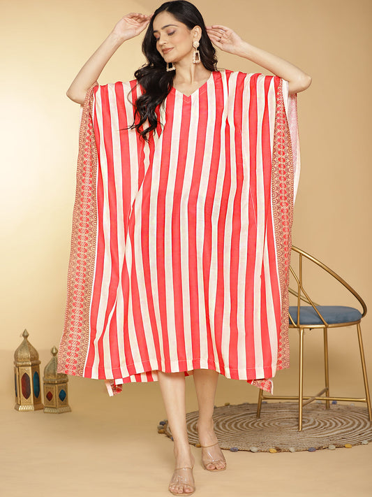 RedStripes Muslin Printed LongKaftan