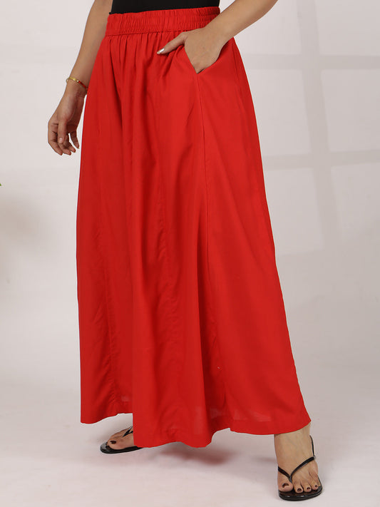 Red Rayon Flared Palazzo