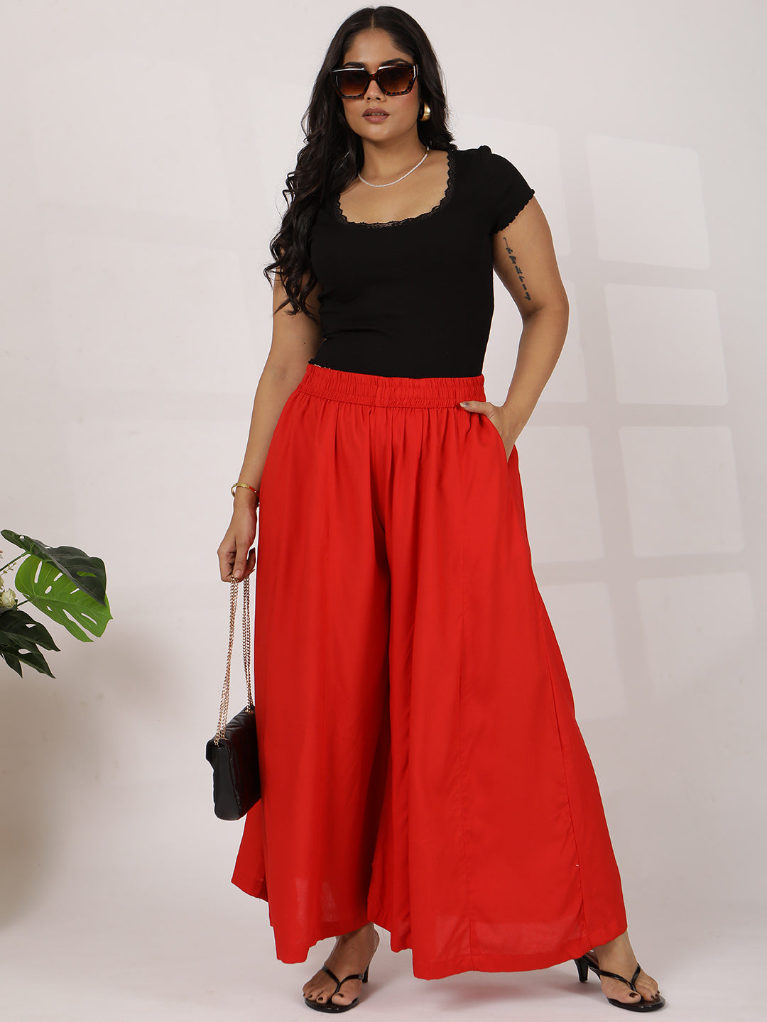Red Rayon Flared Palazzo