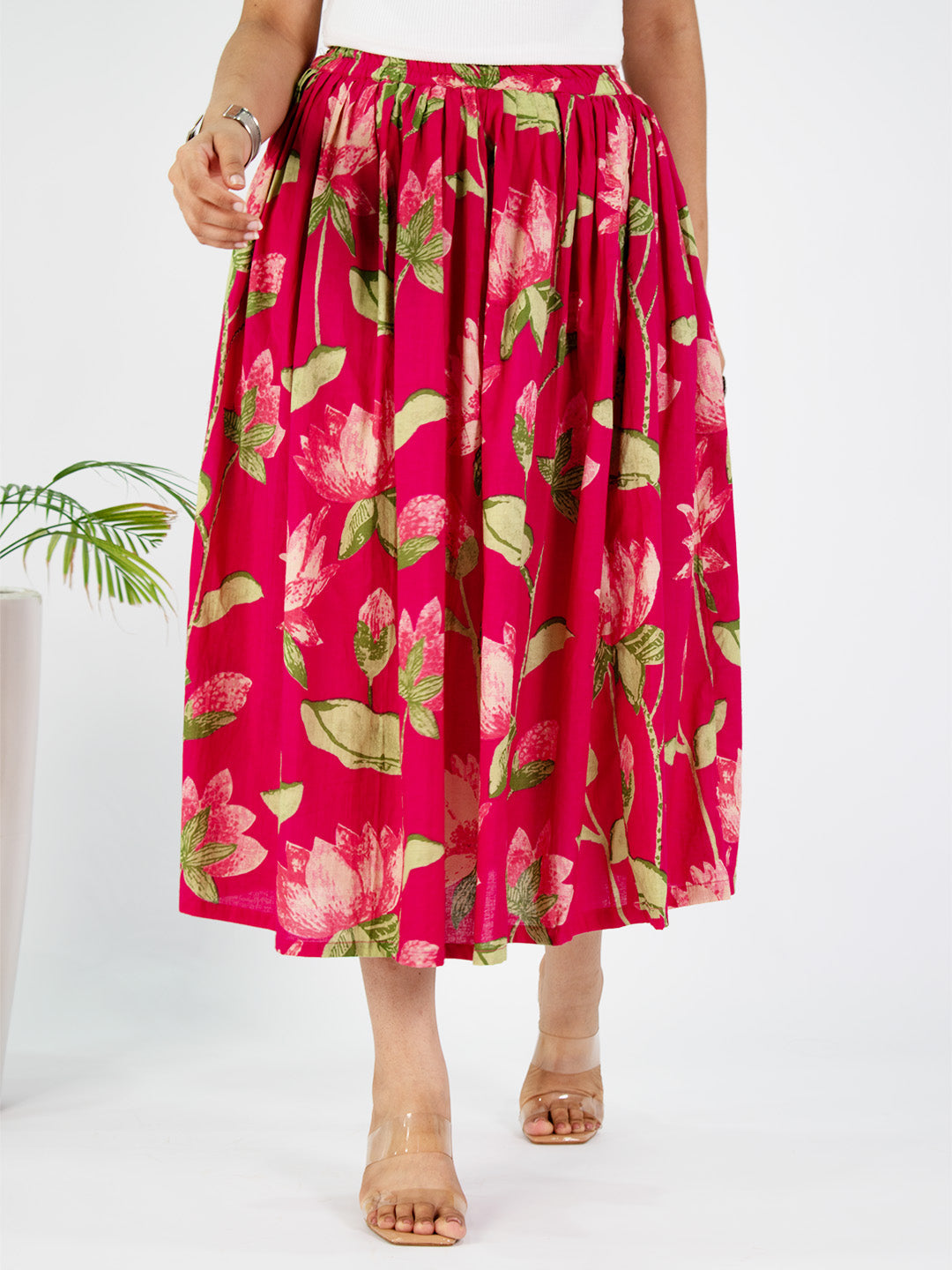 Printed Cotton Gathered Skirt - PinkKamal