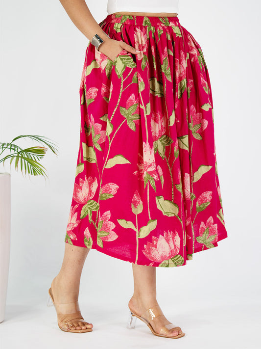 Printed Cotton Gathered Skirt - PinkKamal