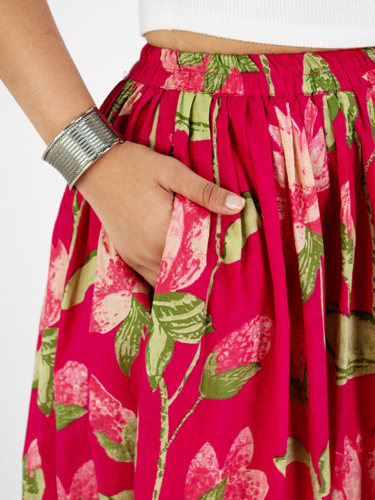Printed Cotton Gathered Skirt - PinkKamal