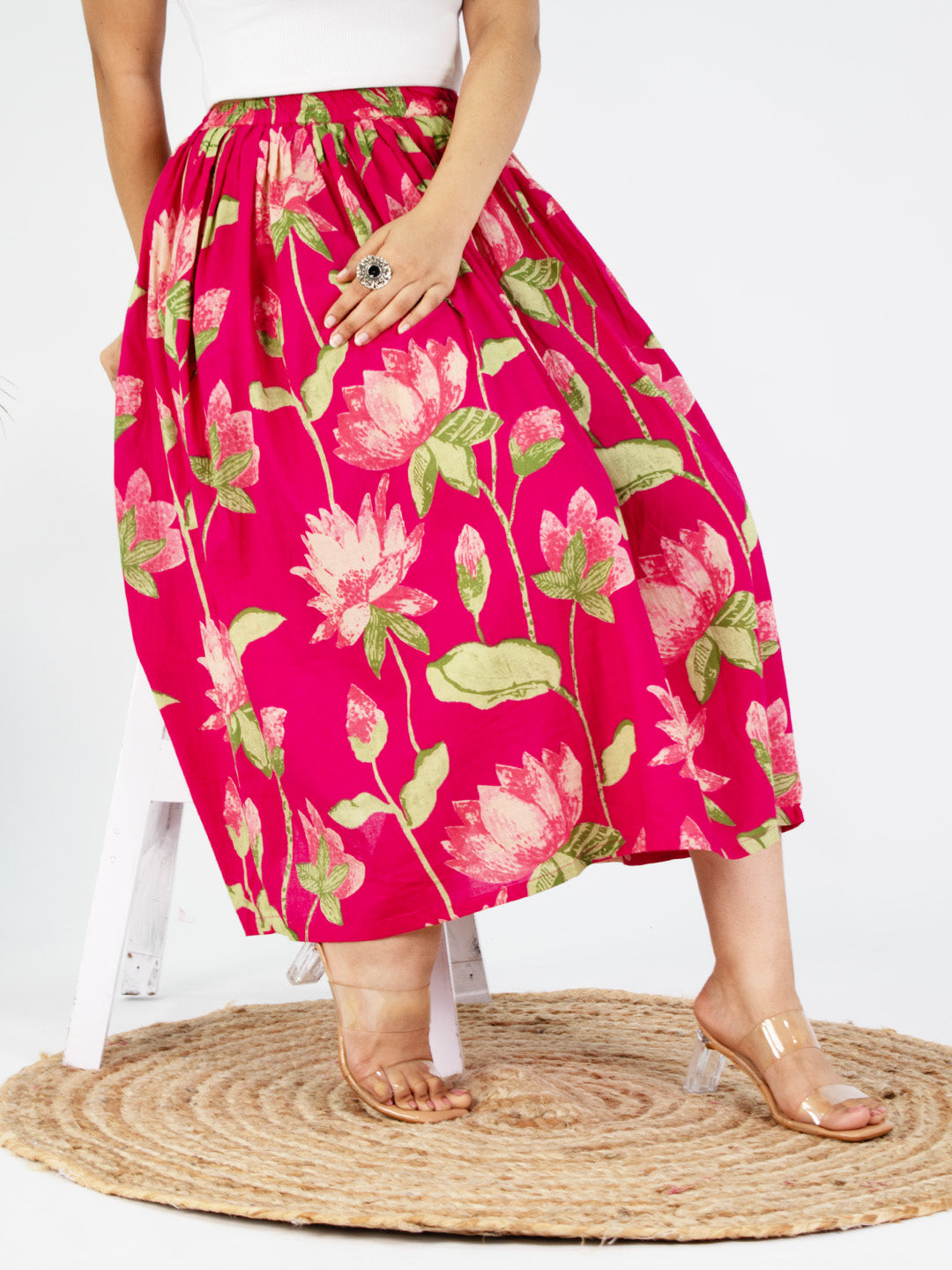 Printed Cotton Gathered Skirt - PinkKamal