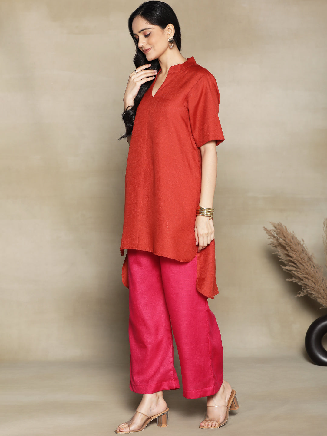 Rust CottonSlub HighLowKurti & Magenta Palazzo