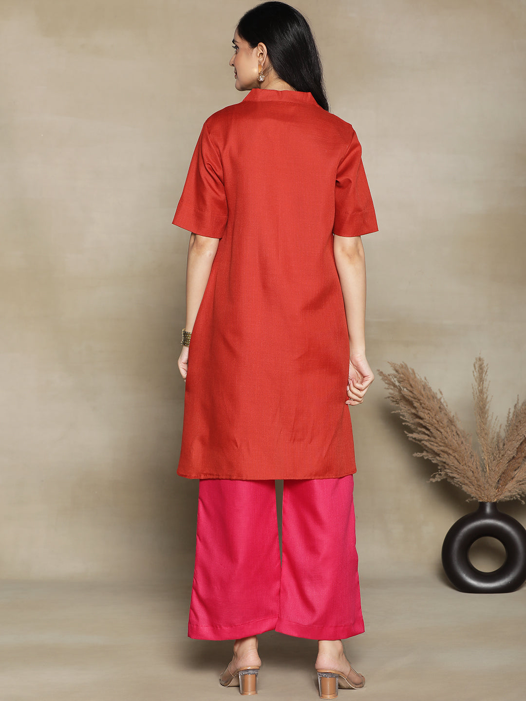 Rust CottonSlub HighLowKurti & Magenta Palazzo