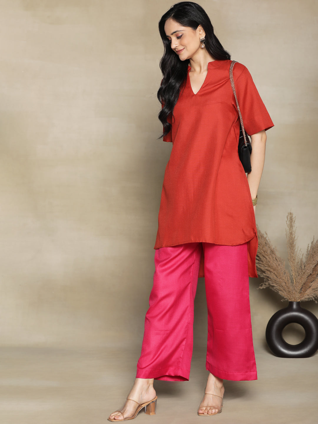 Rust CottonSlub HighLowKurti & Magenta Palazzo