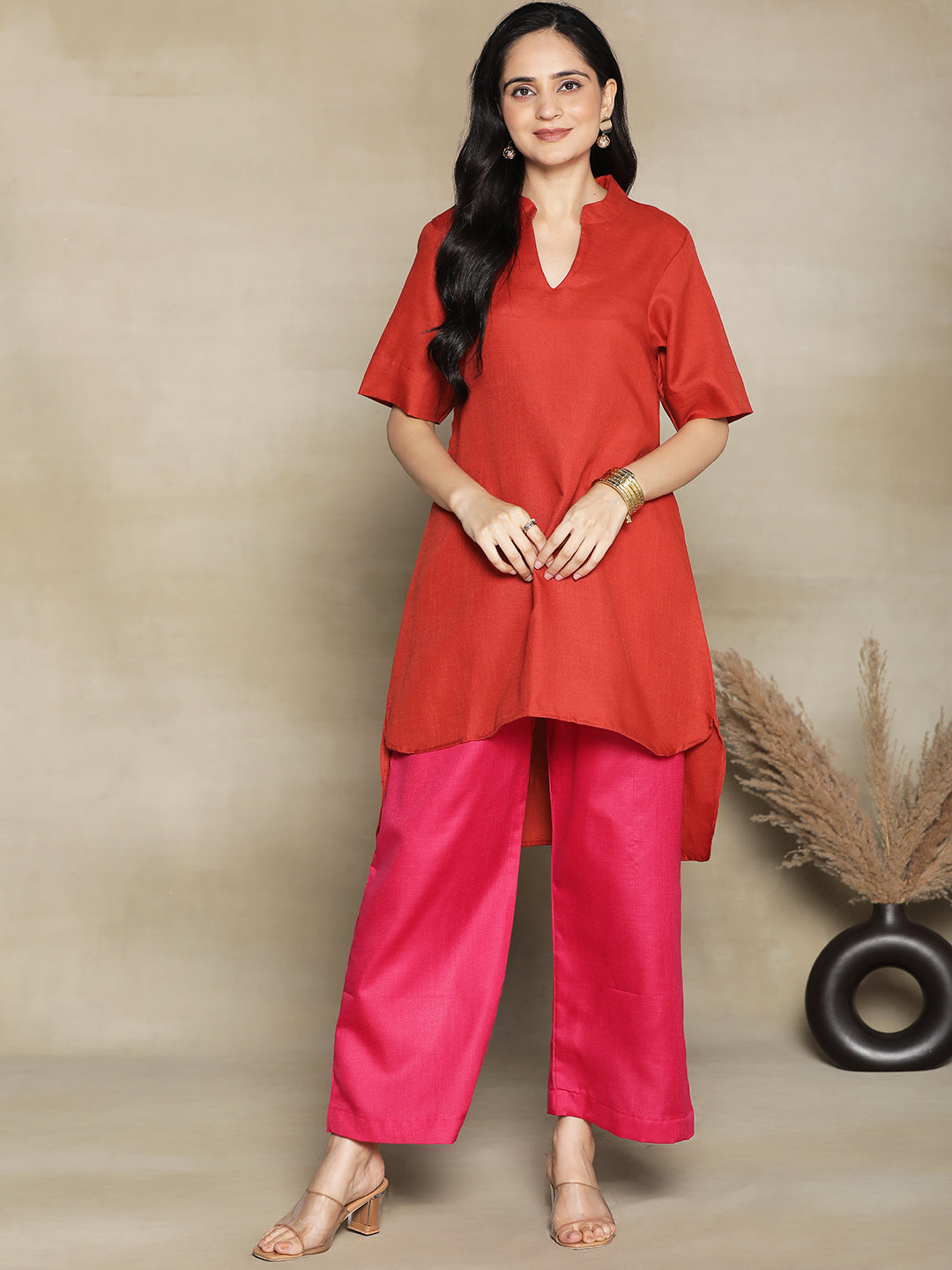 Rust CottonSlub HighLowKurti & Magenta Palazzo