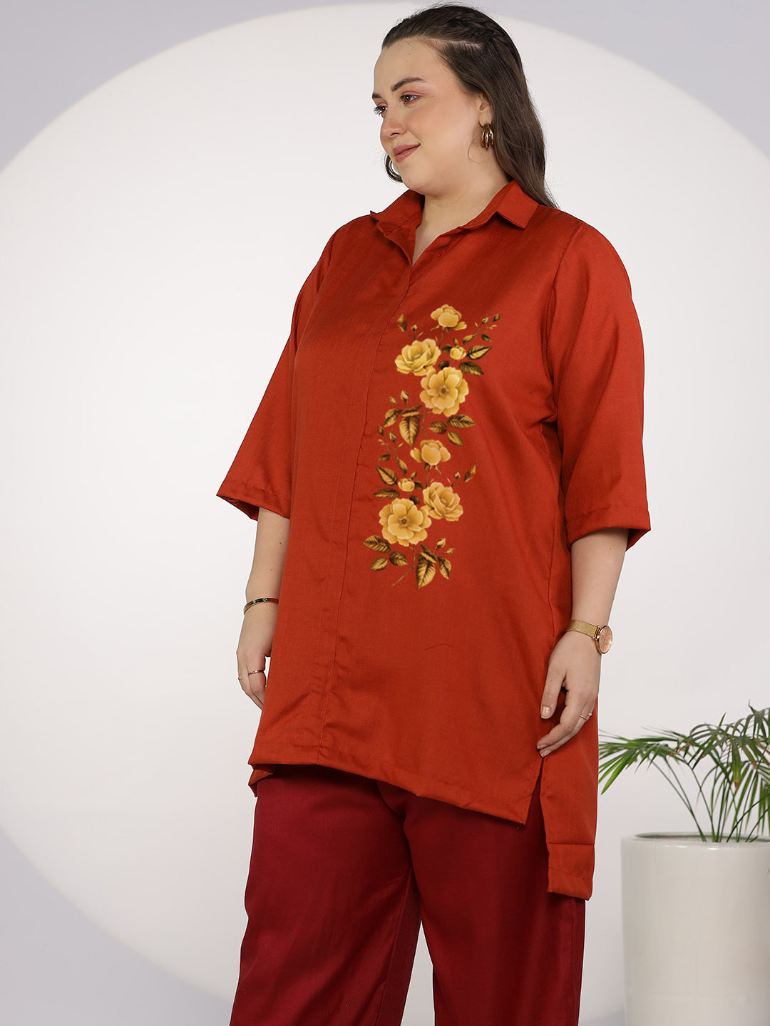 Rust CottonSlub ShirtTop - FloralFlame