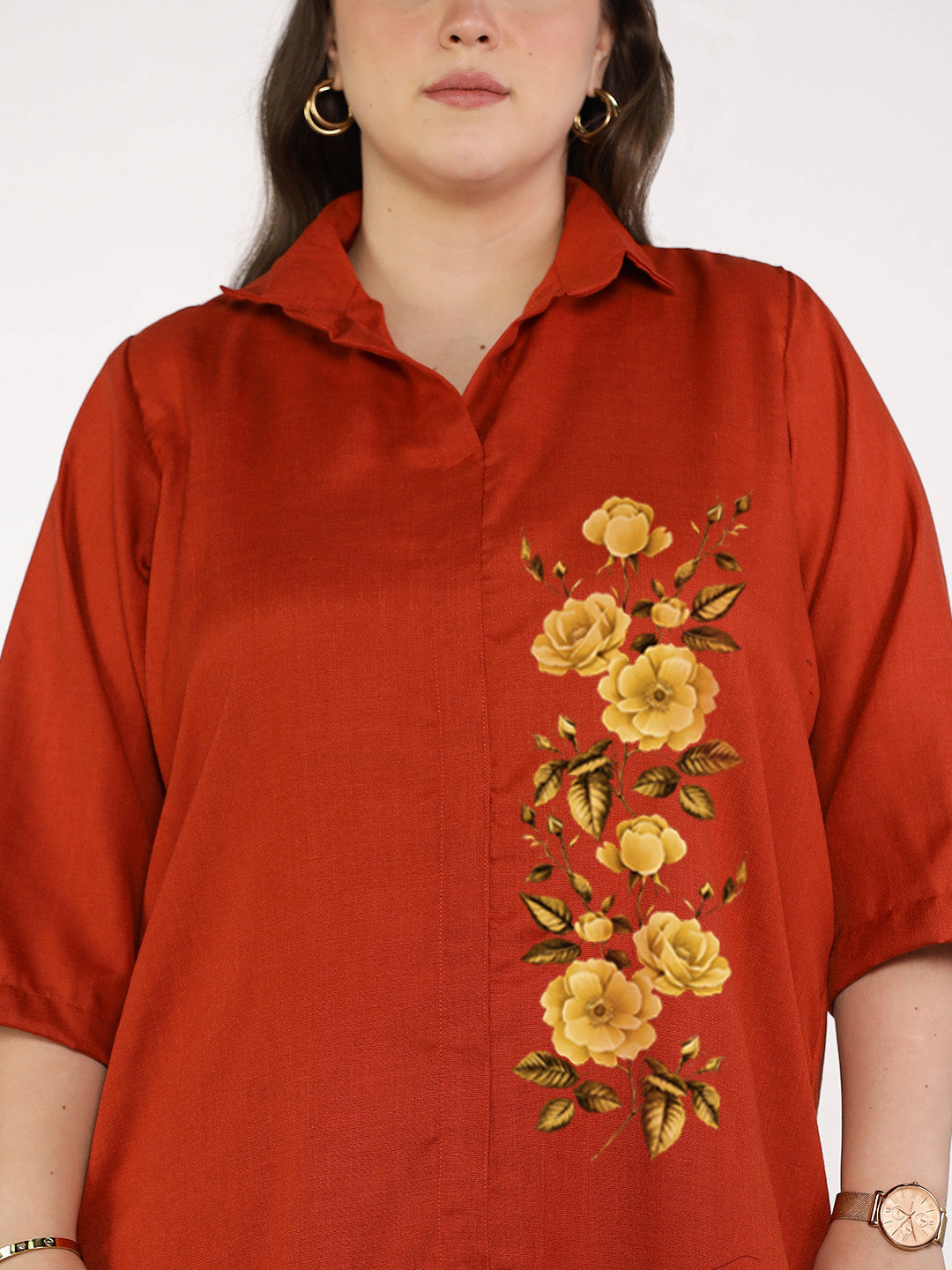 Rust CottonSlub ShirtTop - FloralFlame