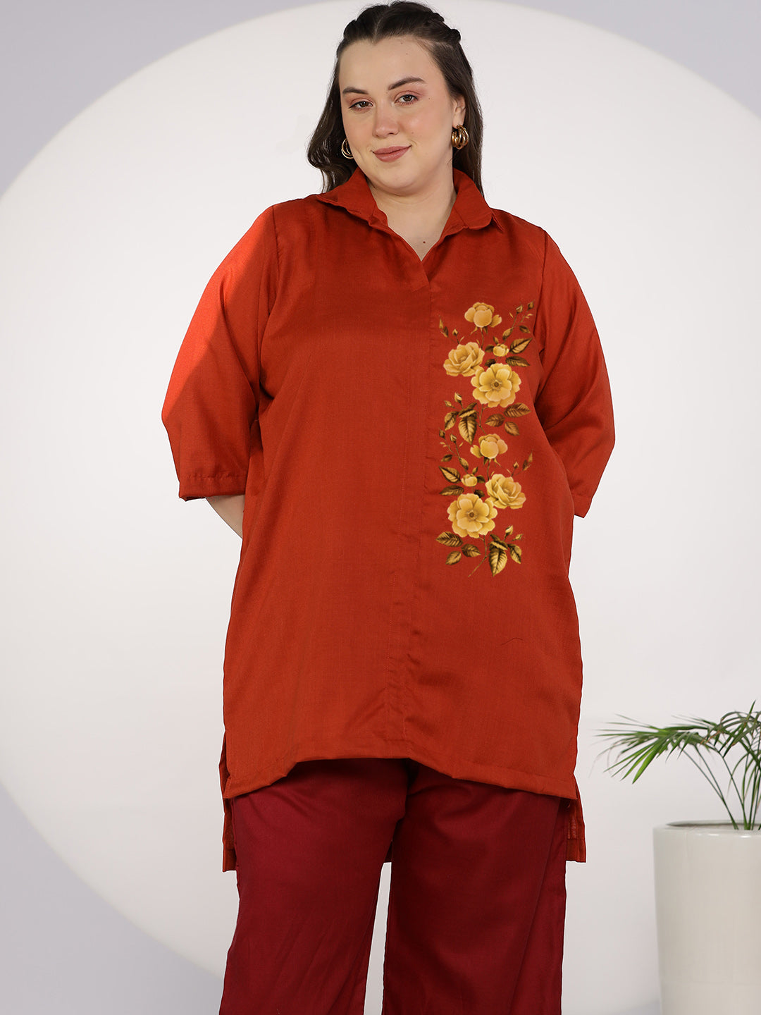 Rust CottonSlub ShirtTop - FloralFlame