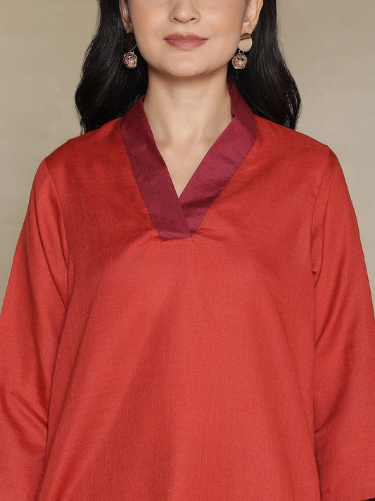 Rust CottonSlub V-NeckTop & Maroon Palazzo