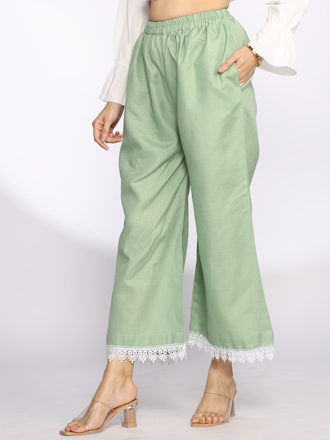 SageGreen CottonSlub Laced Palazzo