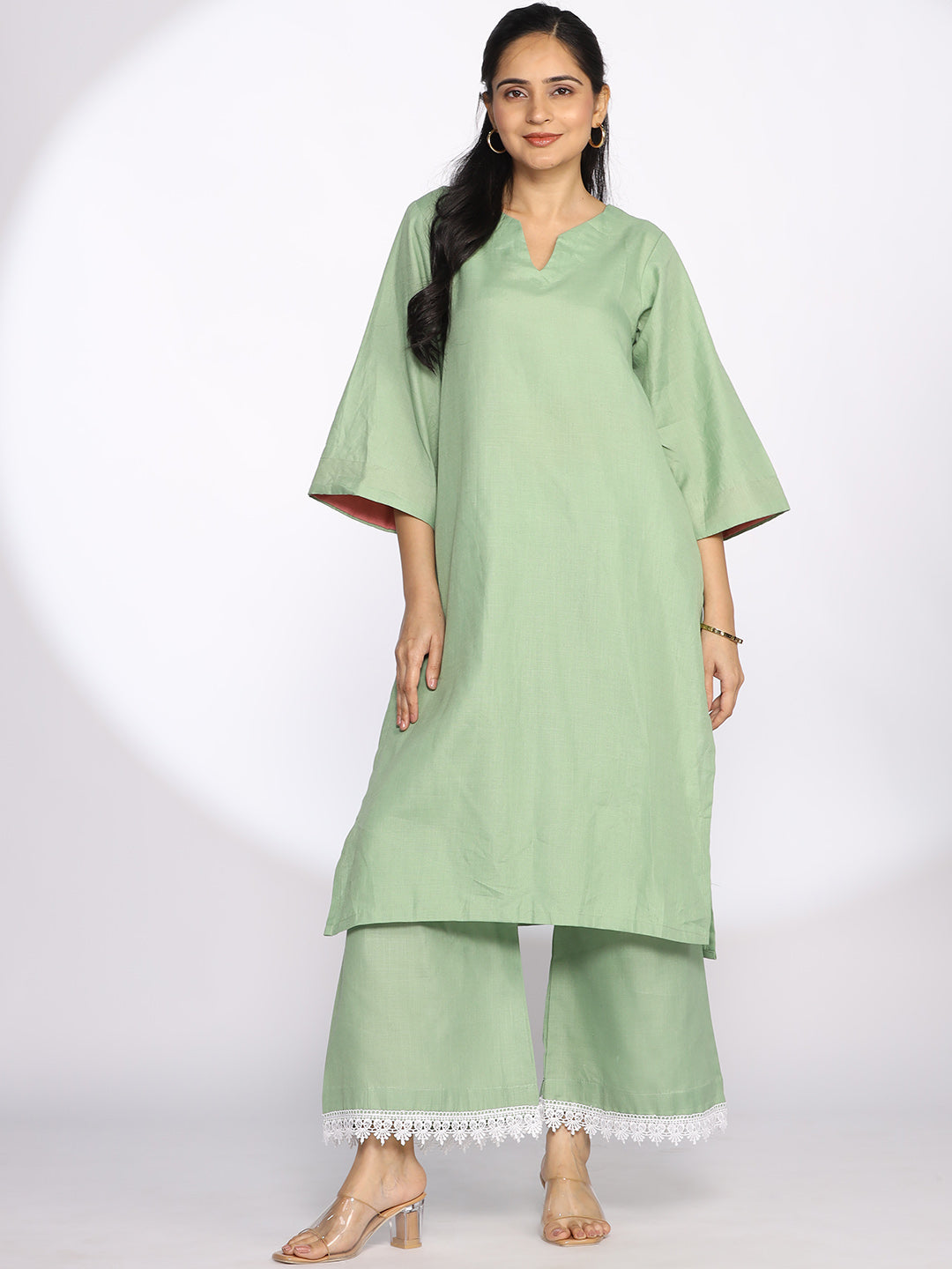 SageGreen CottonSlub Laced Palazzo