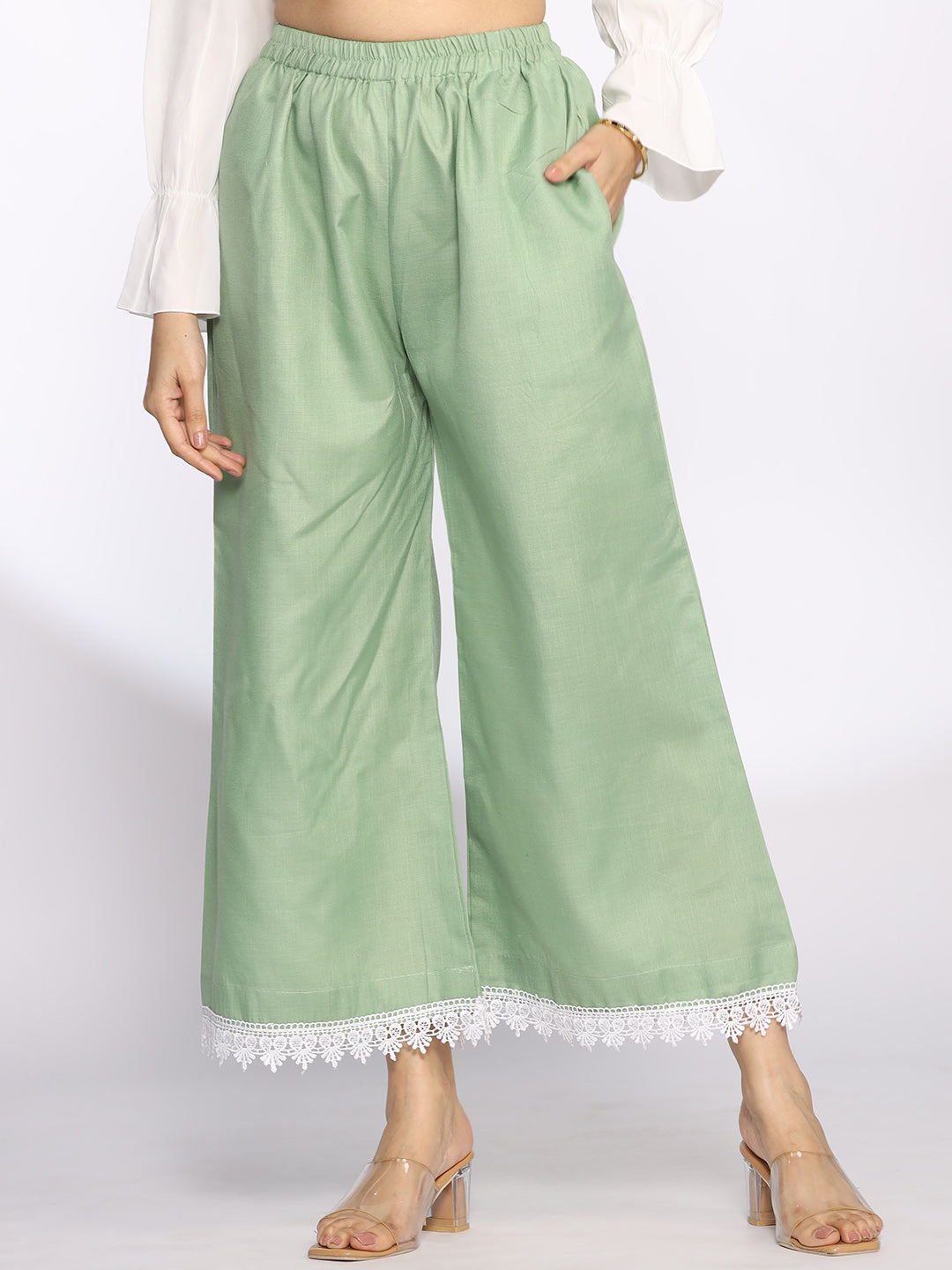 SageGreen CottonSlub Laced Palazzo