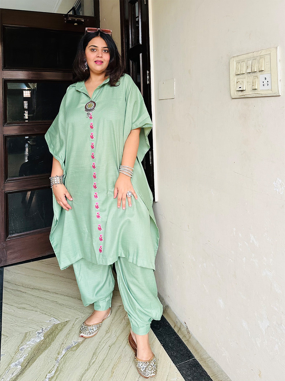 SageGreen CottonSlub ShirtKaftan - Cynthia